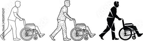 Caregiver Pushing Wheelchair Silhouettes and Outline Man Assisting Person with Disability, Providing Medical Support and Mobility Aid, Health Care Vector Graphic