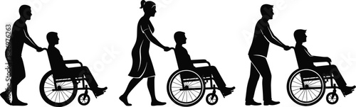Collection of black silhouettes showing caregivers pushing a person in a wheelchair, symbolizing disability, assistance, elderly care, accessibility, and medical help