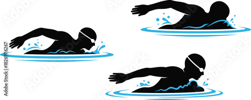 Collection of dynamic swimmer silhouettes in water splashing with goggles, symbolizing freestyle, competitive sport, fitness, and aquatic activity in a graphic style