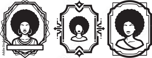 Vector Set of Black Woman Portraits with Afro Hairstyle in Vintage Decorative Frames