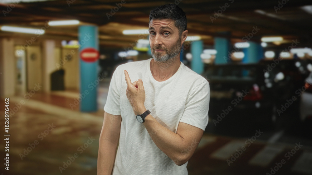 Fototapeta premium Man points both index fingers left and right in a parking garage wearing a white t shirt and watch; indecision choice dilemma.