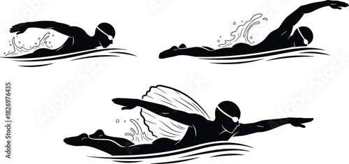 Professional Swimmer Silhouettes in Action Strokes Speed and Power Aquatic Sports Vector Graphics Competitive Training and Fitness Activities