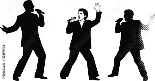 Set of Three Male Singer Silhouettes Performing on Stage with Microphone and Halftone Effect for Music, Karaoke, and Entertainment Graphics