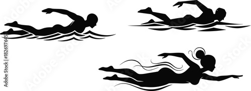 Swimmer Silhouette Set of Male and Female Athletes Doing Freestyle Stroke in Water with Splash Waves Swimming Sport and Activity Vector Graphic