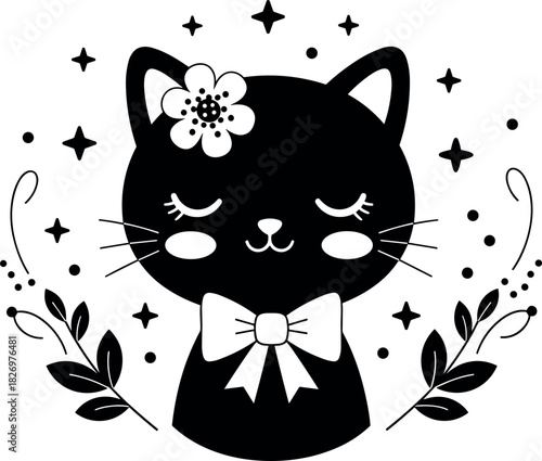 Cute black cat silhouette with flower, bow, stars, and leaves in whimsical style for decoration, crafting, and design projects.