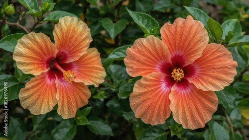 Wallpaper Mural Two orange hibiscus flowers with pink centers blooming among green leaves. Torontodigital.ca