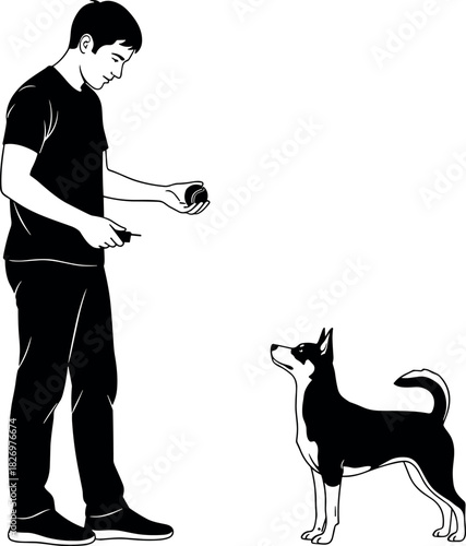 Man playing fetch with dog in park, holding ball, pet interaction, outdoor activity, canine training, happy moment, companionship scene.