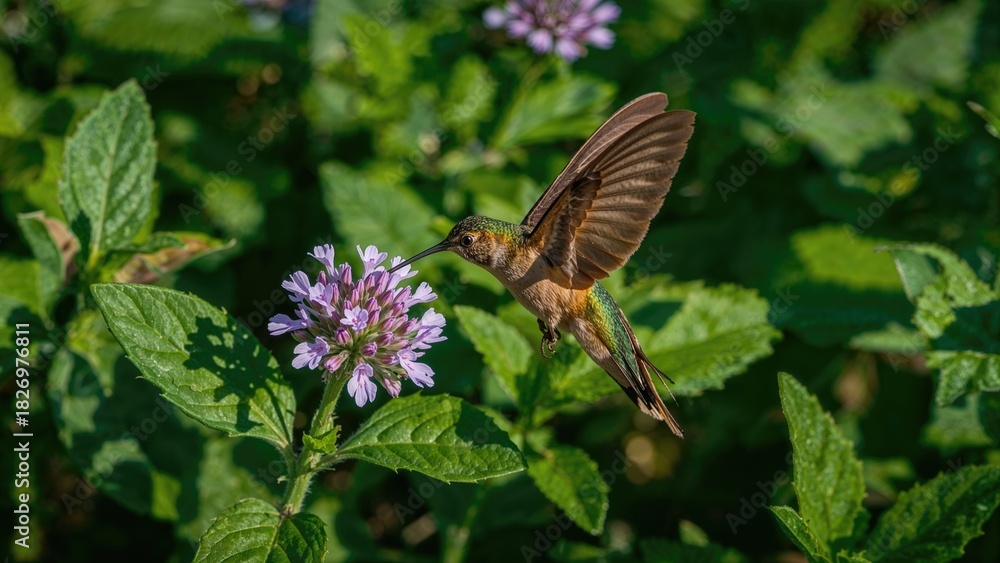 Naklejka premium Hummingbird hovering near purple flowers amidst green foliage. Nature and wildlife scene. The image captures the elegance of a hummingbird in its natural habitat.