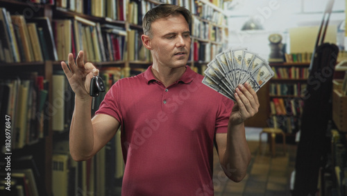 фотографія Man holding car keys in one hand and fanning a stack of us dollars with the other in a bookshop building; temptation decision confidence