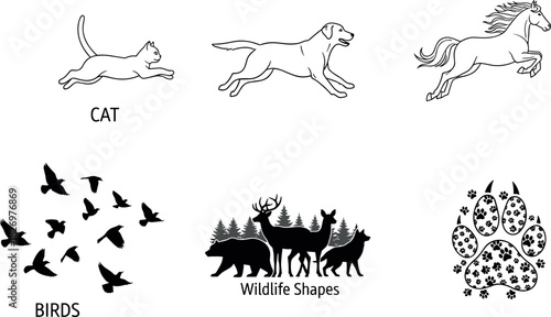 Running cat dog horse silhouettes, flying birds, wildlife shapes, animal paw print, forest animals vector set for nature design