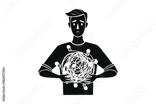 Frustrated Man Holding Tangled Christmas Lights Silhouette Illustration
