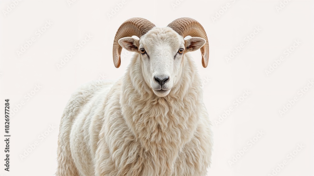Fototapeta premium A sheep with prominent curved horns facing forward against a white background.