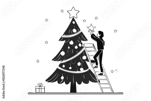 Woman Decorating Christmas Tree with Star Topper Silhouette Illustration