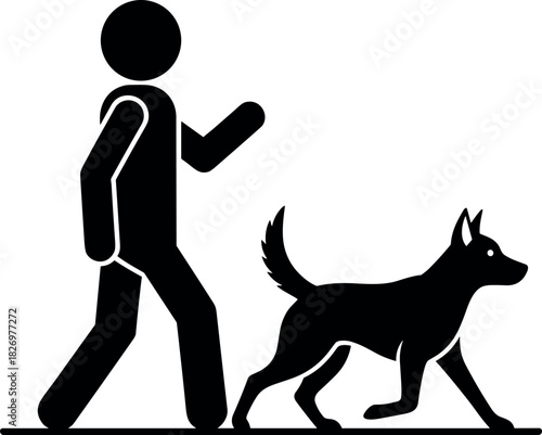 Silhouette of person walking with dog outdoors, pet care concept, companionship, healthy lifestyle, black and white vector illustration