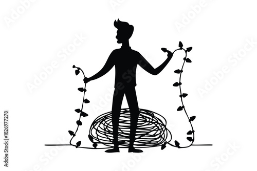 Frustrated Man Tangled in Christmas Lights Silhouette Illustration