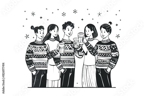 Happy Friends Wearing Festive Sweaters Celebrating Winter Holidays Togetherness