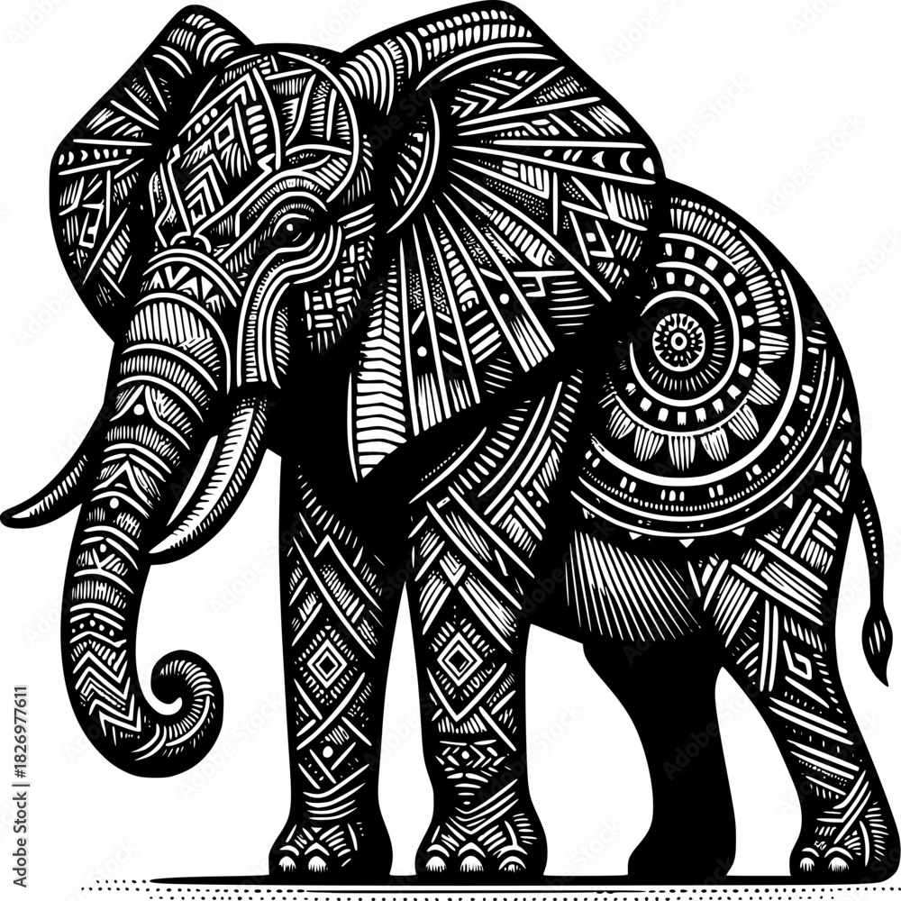 Obraz premium Tribal Elephant Illustration: Intricate tribal patterns adorn the majestic form of an elephant, evoking a sense of ancient wisdom, strength, and cultural heritage.