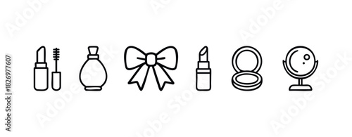 Collection of outline icons for makeup and personal care items including lipstick, perfume bottle, bow, compact powder, and mirror for beauty and cosmetic applications