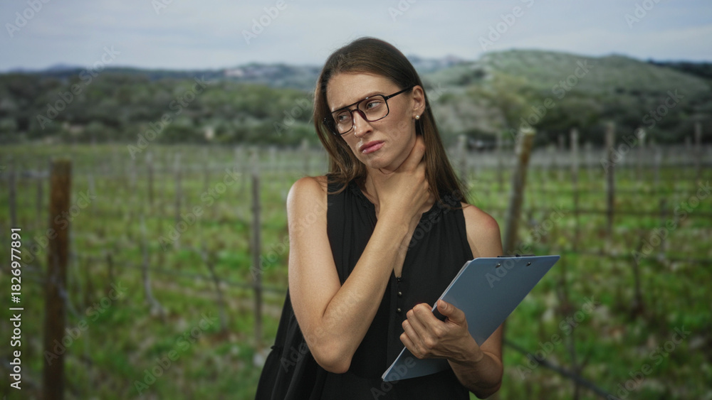 Fototapeta premium Woman holding clipboard with hand to neck in a field among vineyard posts, wearing glasses and sleeveless top, standing upright; work concern.