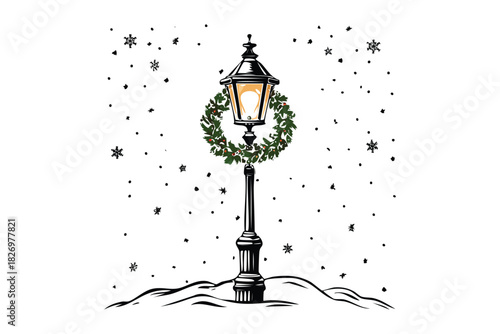Festive Christmas Lamppost with Wreath and Falling Snowflakes