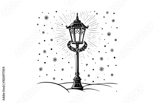 Dramatic Christmas Lamppost Silhouette with Wreath and Radiant Glow