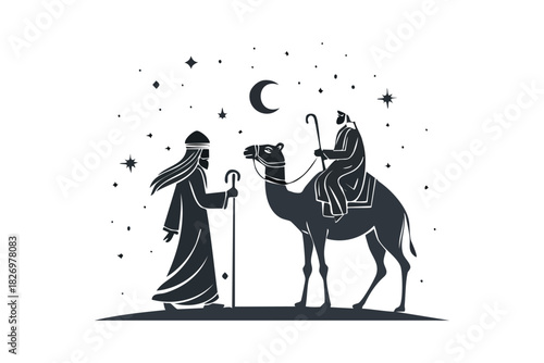 Biblical Desert Scene with Wise Men and Camel Under Starry Night Sky