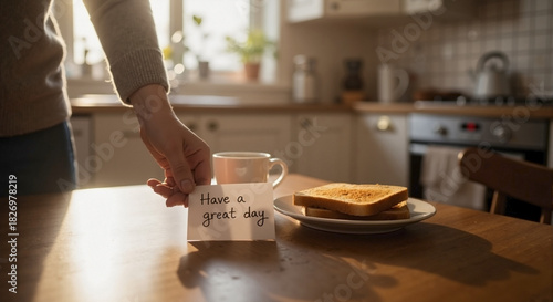 Person leaves handwritten message that reads have a great day with coffee and toast, sweet note on kitchen table. Have a great day wish is a thoughtful gesture to brighten someone’s morning.