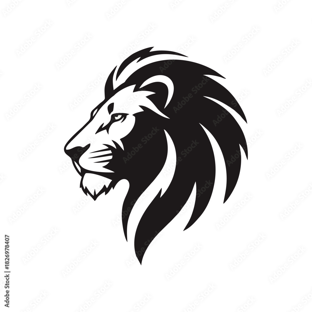 Fototapeta premium Side-profile lion head logo, elegant flowing mane, sharp clean vector lines, strong and majestic expression, minimalist black and white style, smooth curved shapes, modern emblem design, bold silhouet