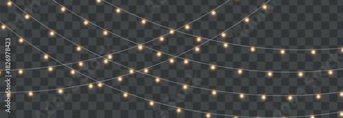 Warm golden glowing string lights on transparent background, ideal for festive decorations, holiday celebrations, parties, and events