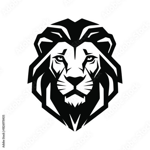 Bold black lion head logo, geometric sharp lines, strong symmetrical structure, fierce and majestic expression, modern vector illustration, thick outlines, angular mane design