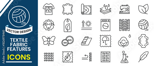 Febric Metarial line icon set. Set of 24 line icons related to textile industry, fabric feather. Fabric features, materials, fabric business, lightweight, outline, leather,  silk, synthetics, wool.