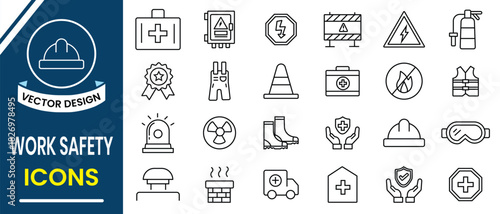 Work safety icon set collection. Containing design safety, industry, workplace security, CCTV, regulation, safety training, protection, equipment, helmet, security icon and more. Vector illustration.