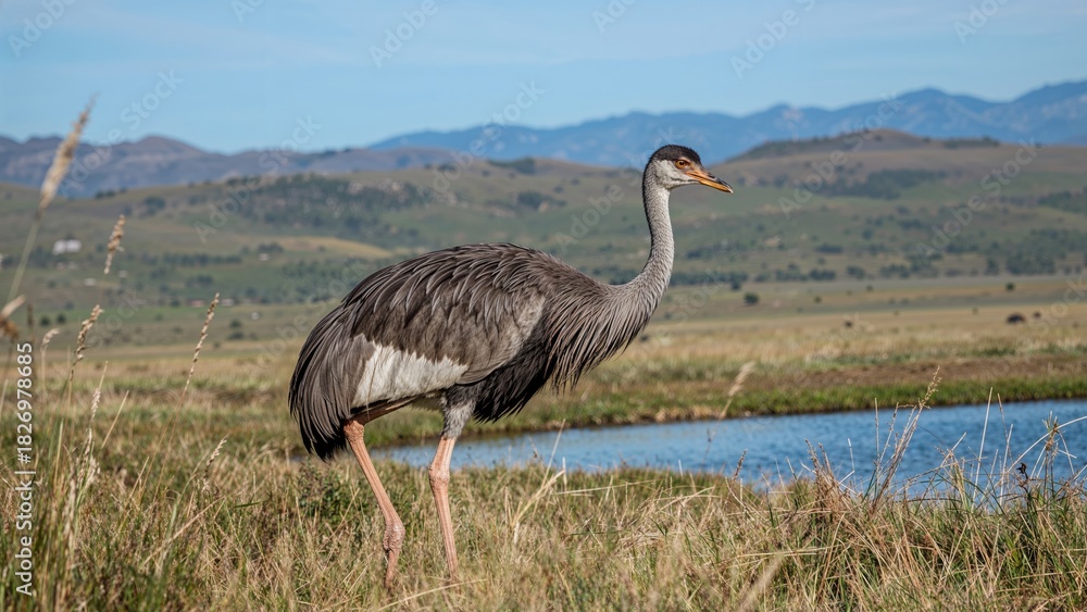 Fototapeta premium A large bird, likely a crane, standing on grass near a water body with mountains in the background.