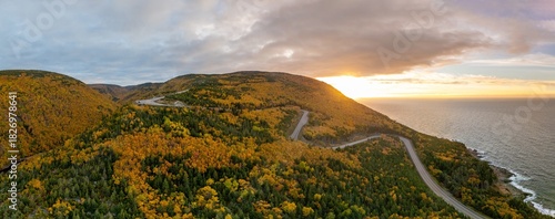 Spectacular Views of world famous Cabot Trail with beautiful scenic spots at the time of sunset, Cape Breton with Fall Foliage. Panorama View of MacKenzie Mountain, Cape Breton, Nova Scotia.