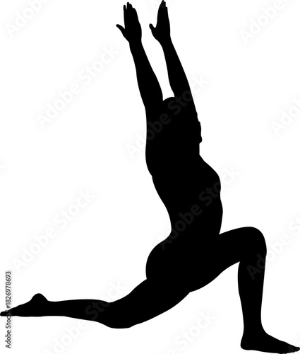 Woman practicing Virabhadrasana Warrior Pose yoga with strong balance and focused posture for wellness fitness and mindfulness