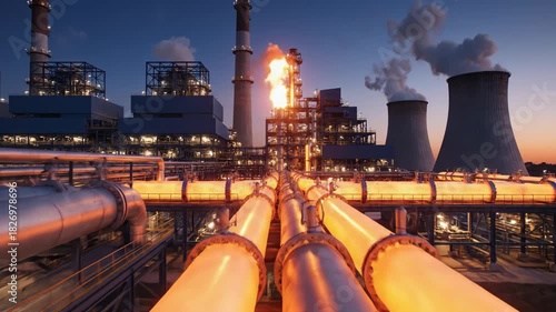 Industrial Power Plant with Pipes and Cooling Towers at Sunset