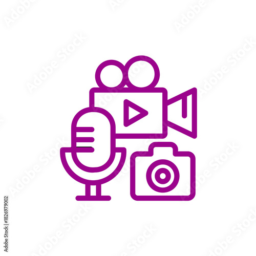 Purple outline icons for video camera microphone and camera isolated on transparent background