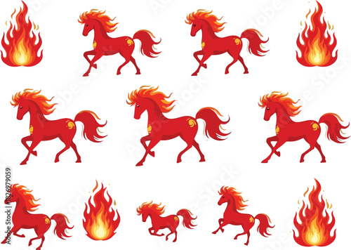 A pattern of red firemaned horses and stylized flames on a white background