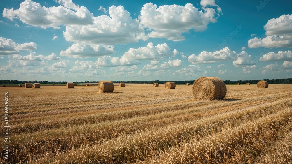 Fototapeta premium Open field of hay bales with a sky full of clouds. Agriculture and rural landscape, concept. Farming and harvest. The scene of haystacks in a farmland.