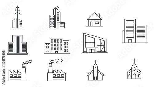Collection of architectural building line icons. Vector set of urban and residential property symbols like skyscrapers and churches