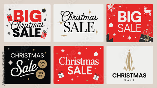 Collection of Six Christmas Sale Promotional Graphics with Festive Elements big sale holiday