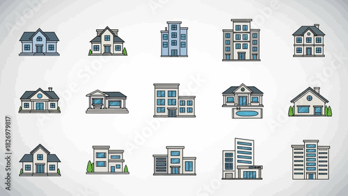 Various Styles of Architectural Building Designs and Structures Vector Illustration Collection