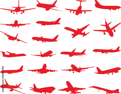Airplane silhouette collection, passenger jet icons, aviation aircraft set, red plane shapes, flight transportation illustration, commercial airline graphic elements