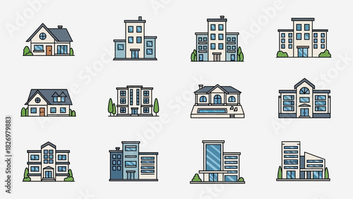 Architectural Illustration Set Diverse Collection of Building Icons for Design Projects and Urban Themes