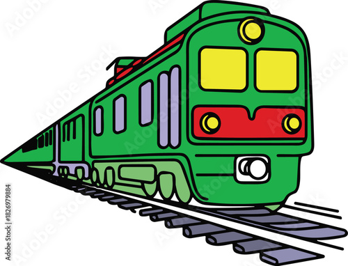 Colorful train illustration, modern locomotive drawing, railway transportation artwork, cartoon-style passenger train on tracks, vibrant rail vehicle graphic design