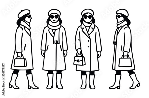 Set of outline drawings of women in winter coats and hats seen from different angles, carrying handbags for fashion and retail promotions.