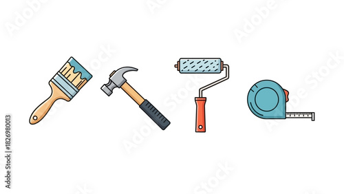 Collection of four essential home improvement and renovation tools including a paintbrush, hammer, paint roller, and measuring tape