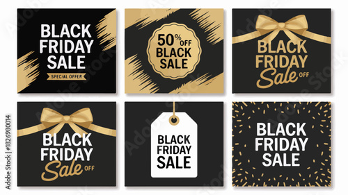 Elegant Black Friday Sale Announcements with Gold Ribbons and Confetti promotion discount