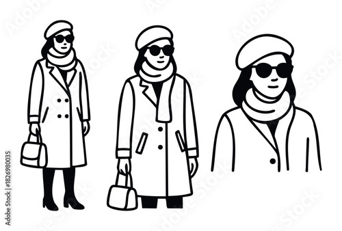 Stylish woman in coat sunglasses and beret presented in multiple views for fashion apparel marketing and personal style content