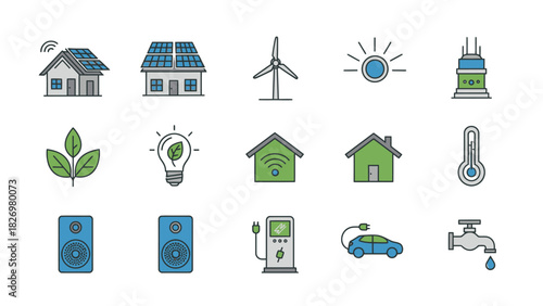 Eco-friendly sustainable energy and smart home technology icons, illustrating modern green architectural innovations and environmental living solutions for a better future